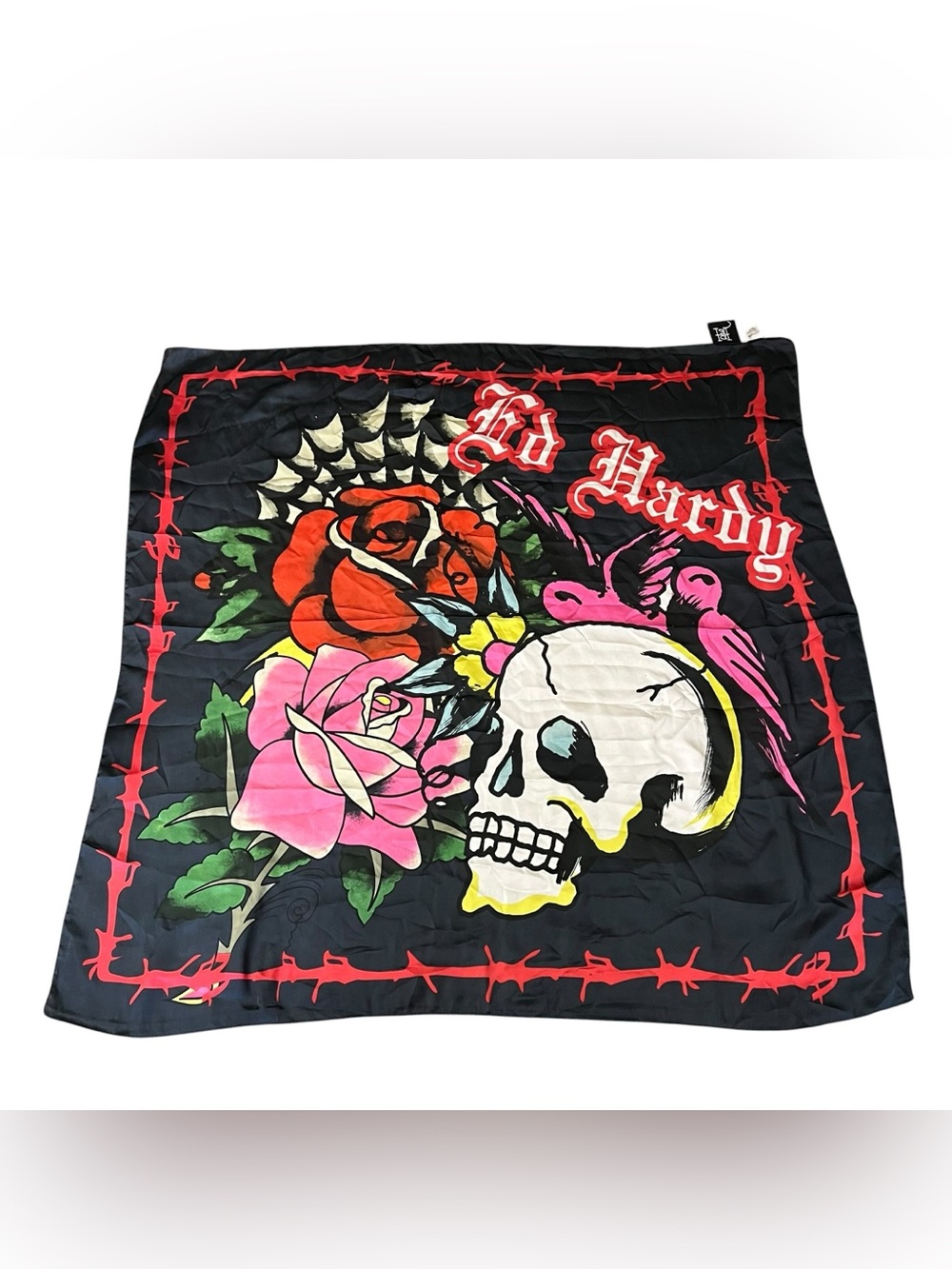 Ed Hardy Y2K Tattoo Graphic Skull and Roses Tattoo Print Scarf